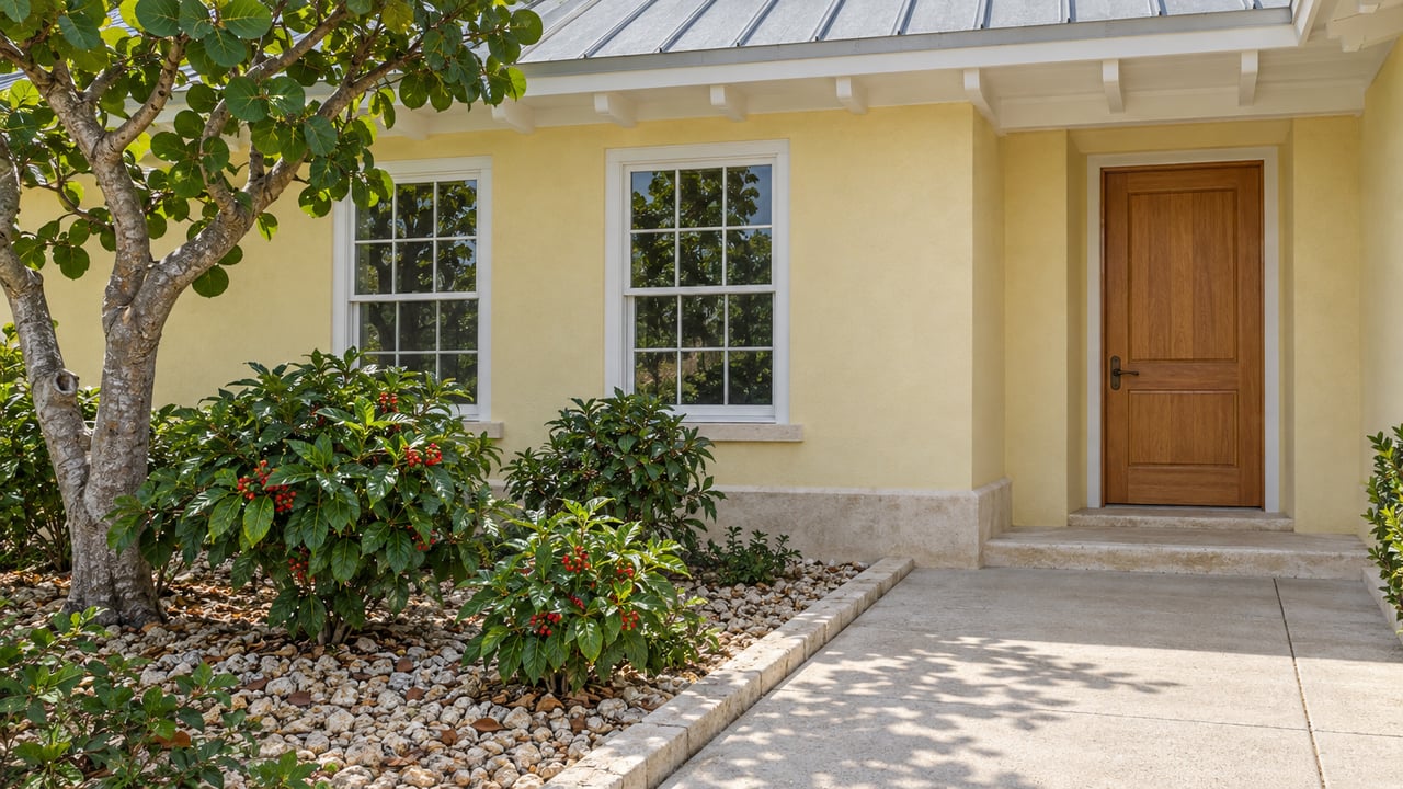 Pale-yellow home with deep white eaves, a timber entry door and a limestone-edged garden beside a light concrete approach.