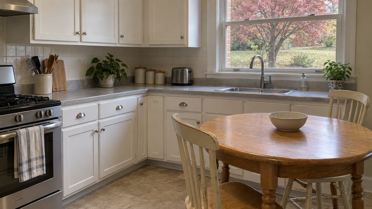 A bright kitchen with white cabinets, a round oak breakfast table, two painted chairs, and a closed window overlooking autumn dogwood foliage.