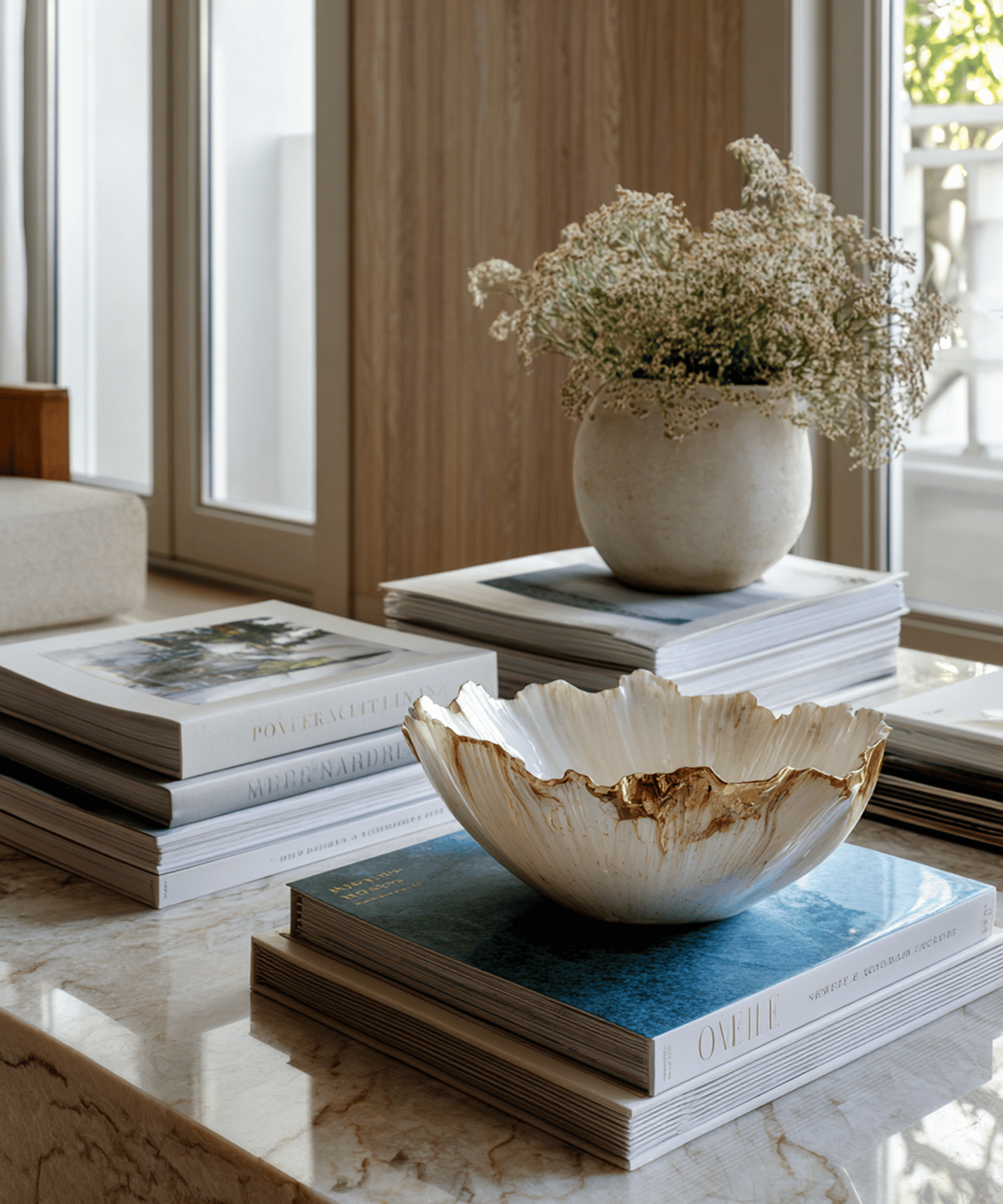 Styled coffee table with a sculptural cream bowl, stacked books, and flowers in a bright living room.
