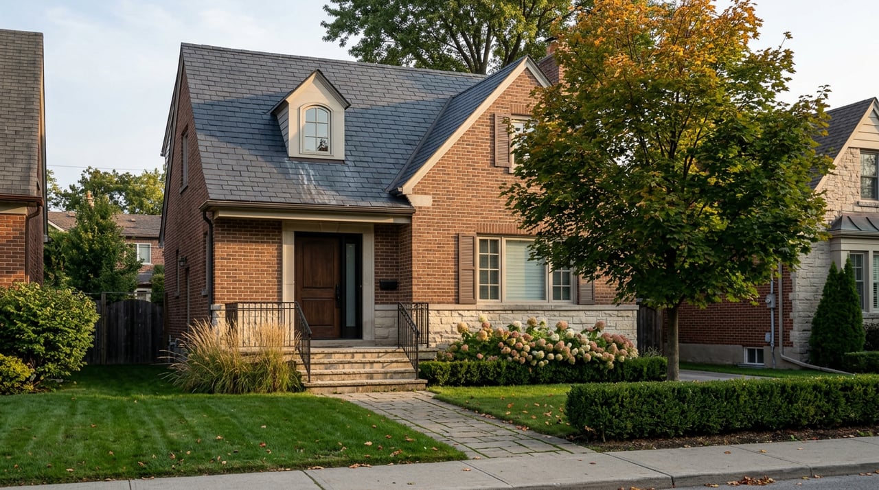 Two-storey brick and limestone home with a slate roof, maple tree, clipped hedge, and stone path to its entry.