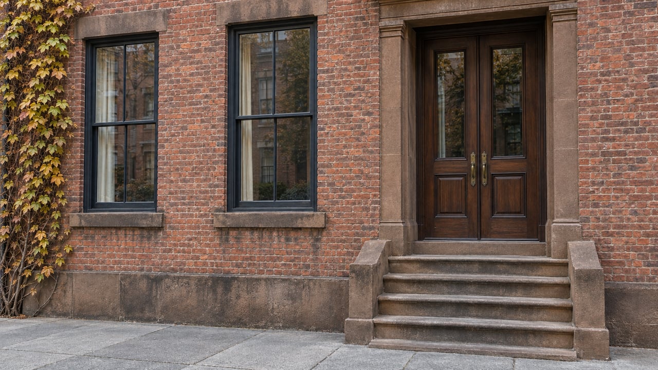 Weathered brick house with tall sash windows, a walnut double door, sandstone stoop, and copper-yellow climbing hydrangea.
