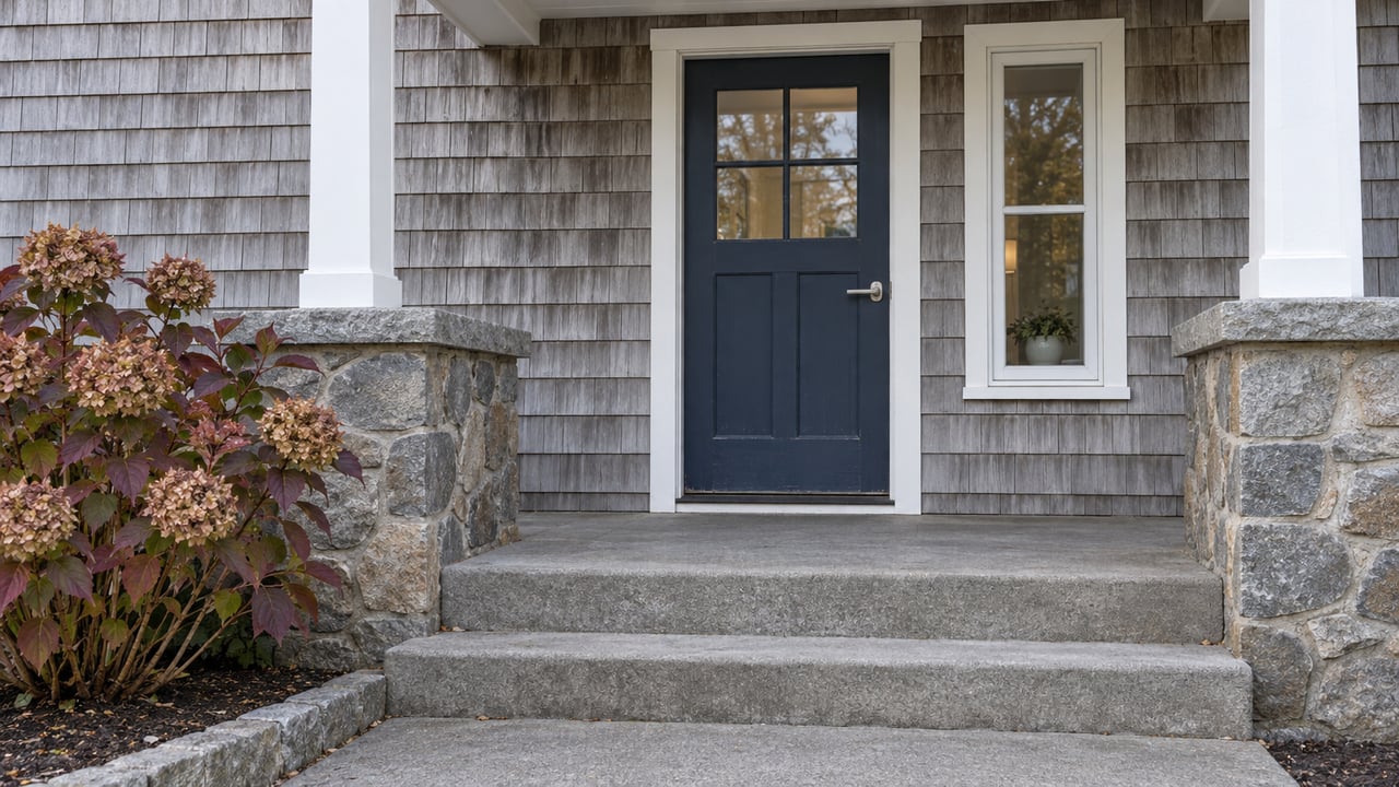 Navy cottage door beneath a shallow porch roof, silvered cedar shingles, stone cheek walls and an autumn hydrangea beside concrete steps.