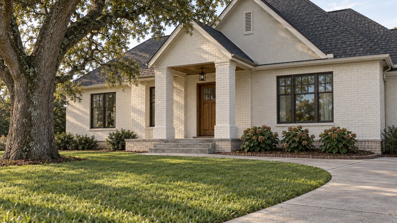 White painted-brick home with steep gables, a raised covered porch, curved concrete driveway, and broad lawn beneath a mature oak.