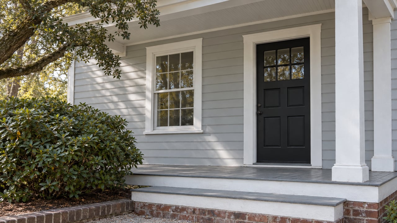 Detached house porch with a black glazed-panel door, white column, brick-edged steps, and oak branch overhead.