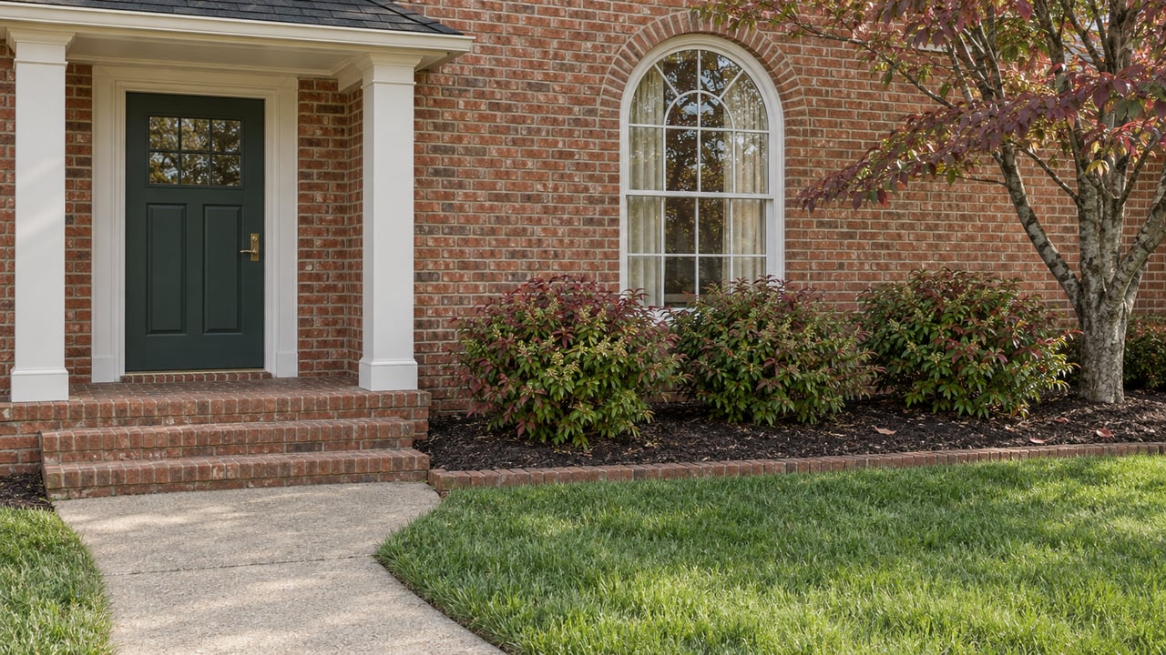 Brick home with a dark-green front door, arched white-trimmed window, brick steps and autumn dogwood foliage.