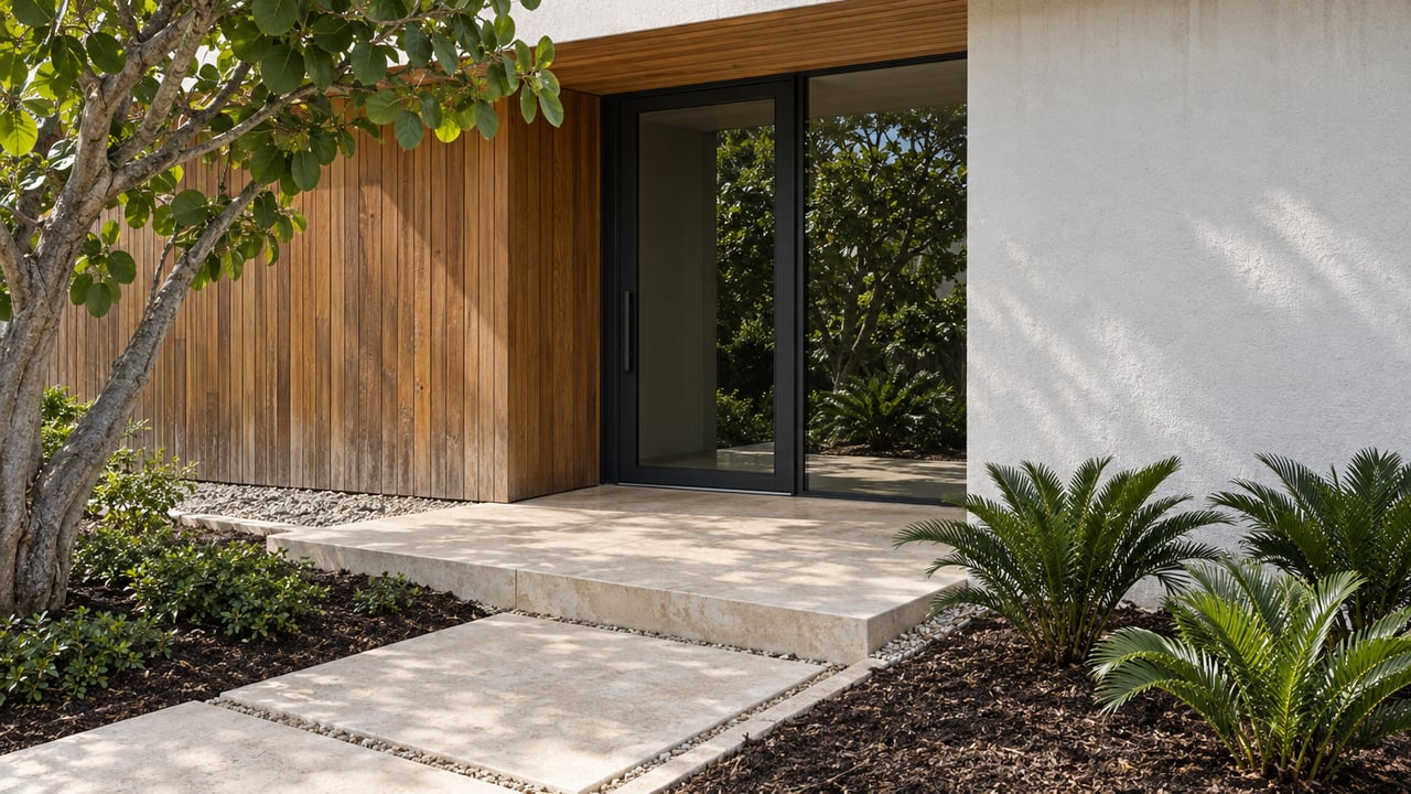 Sunlit wood and white stucco home entrance with black-framed glass, limestone steps, a shell drainage border and native planting.