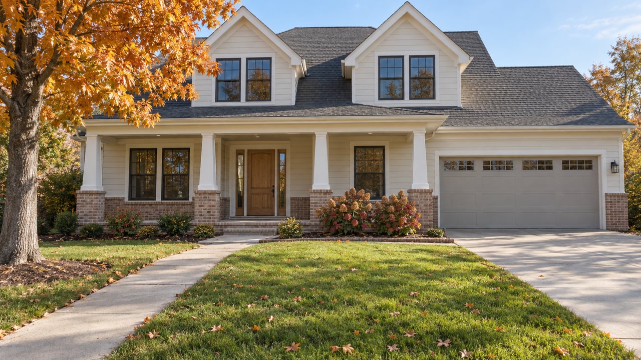 An ivory-sided suburban home with brick porch bases, paired gables, a broad front lawn and an orange-leaved maple in autumn afternoon light.