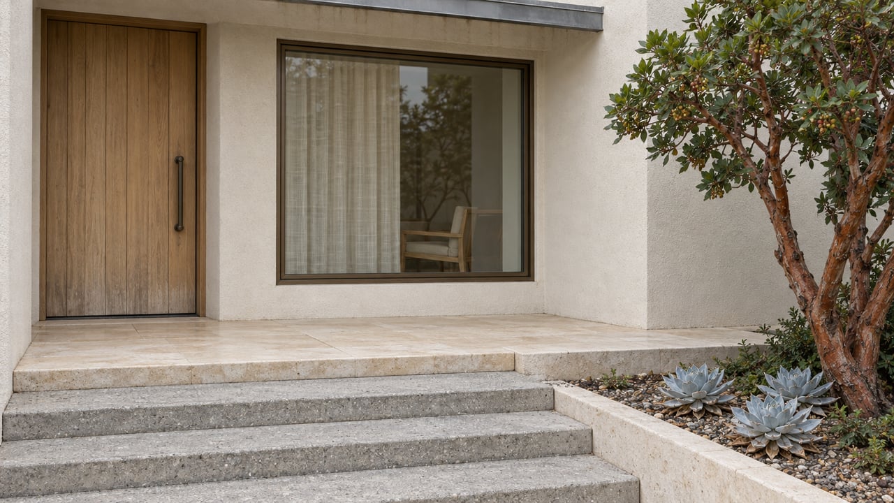 Cream stucco home entry with a pale oak door, bronze-framed window, limestone landing and sculptural strawberry tree.