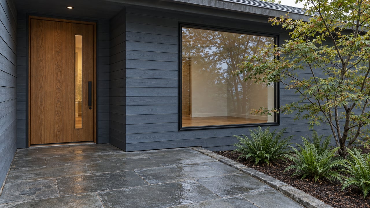 Recessed oak entry beside a black-framed picture window, with a bluestone landing and ferns under a small tree.