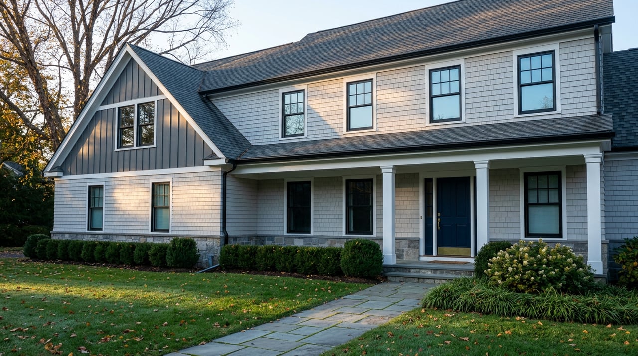 Two-story shingle-style home with a navy door, divided-lite windows, bluestone walkway, and bare tree branches.