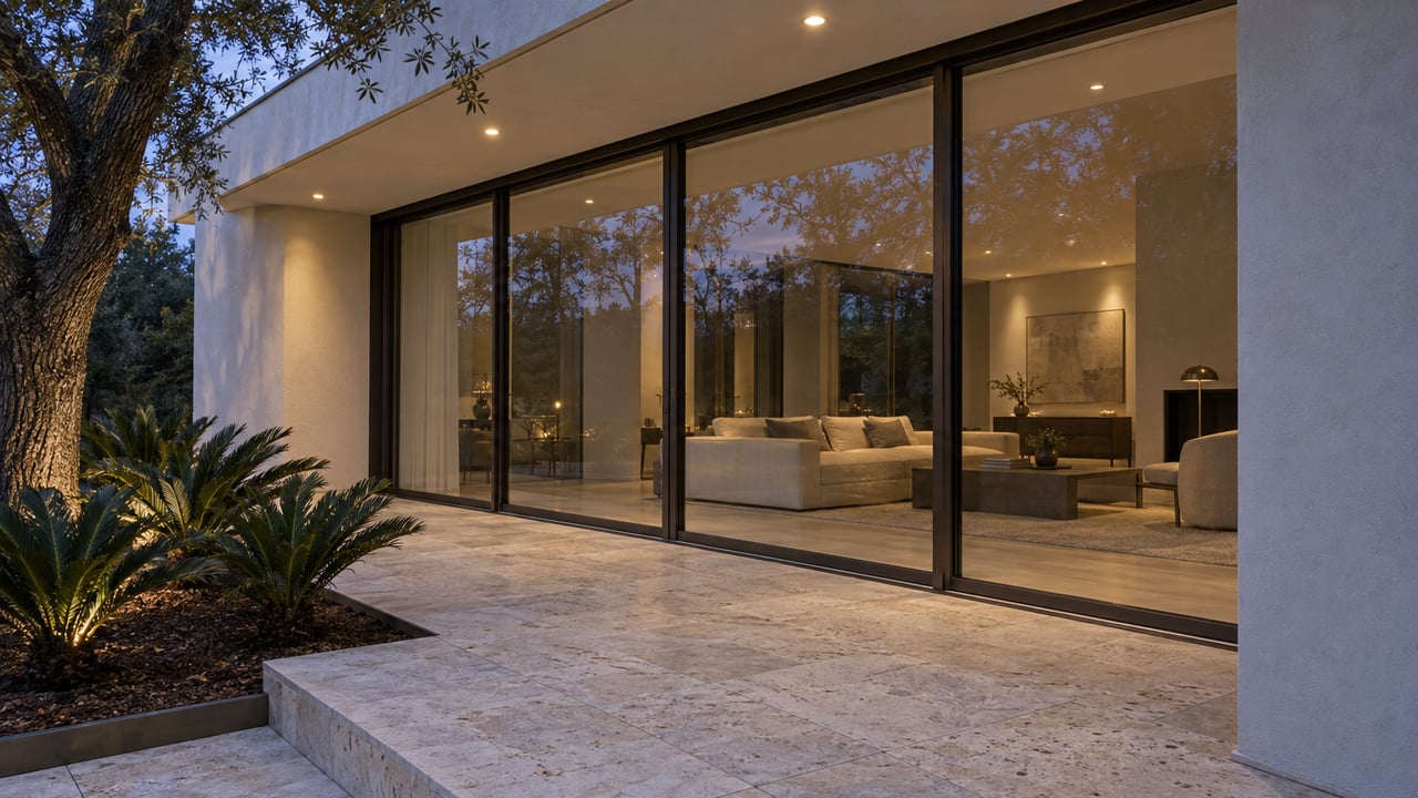 Bronze-framed glass doors open onto a limestone terrace, with a pruned oak and cycads beside the house.