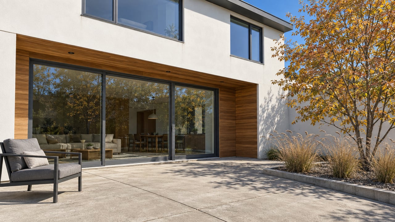 Low view across a concrete terrace toward a white stucco and cedar home with black-framed glazing and autumn serviceberry.