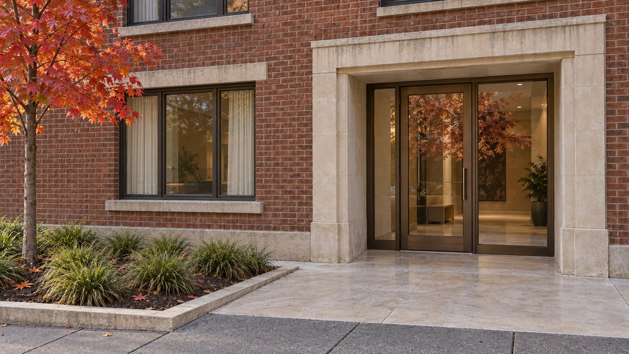 Russet-brick residential entrance with limestone trim, bronze-framed glass doors and a red maple beside the sidewalk.