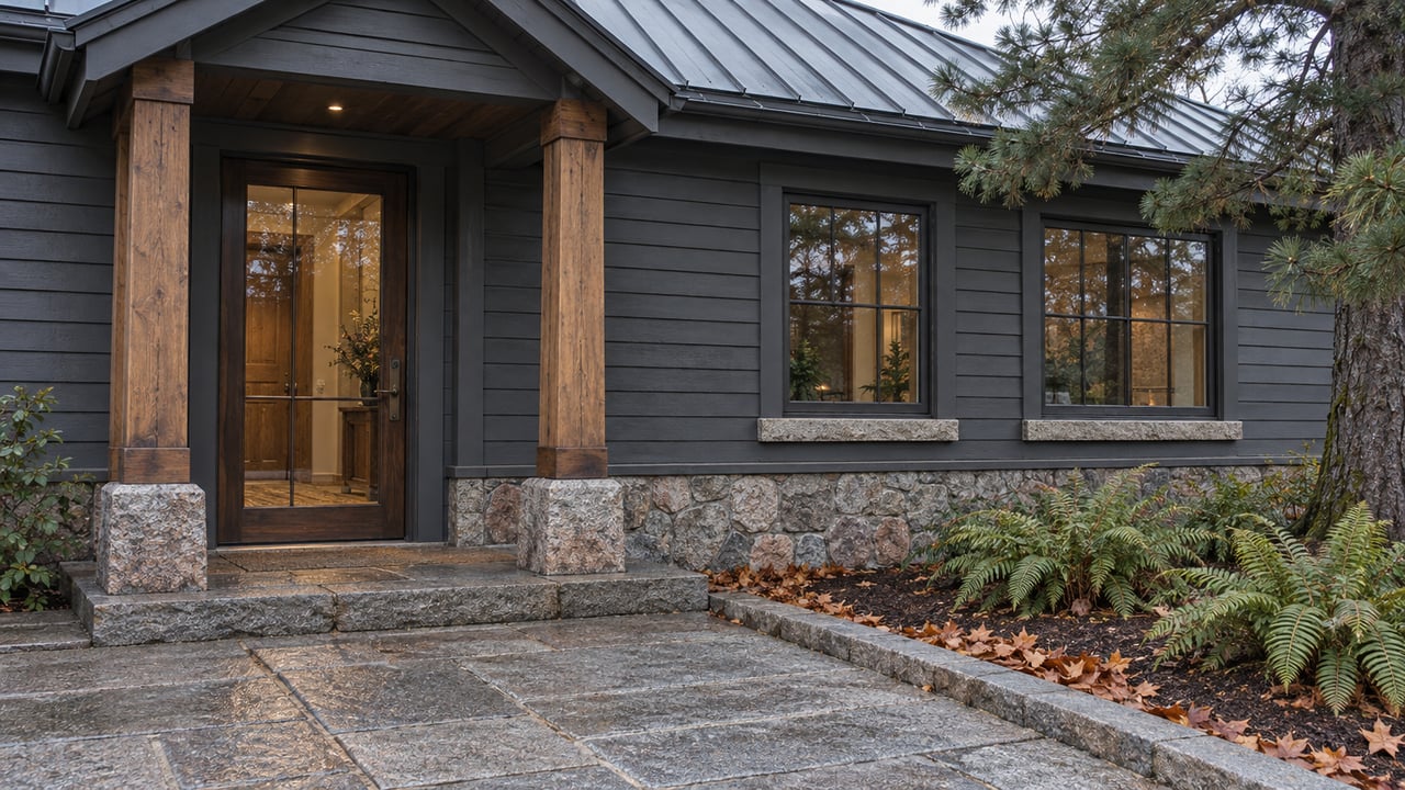 A charcoal timber home's sheltered glass entrance and granite approach in cool late-autumn light.
