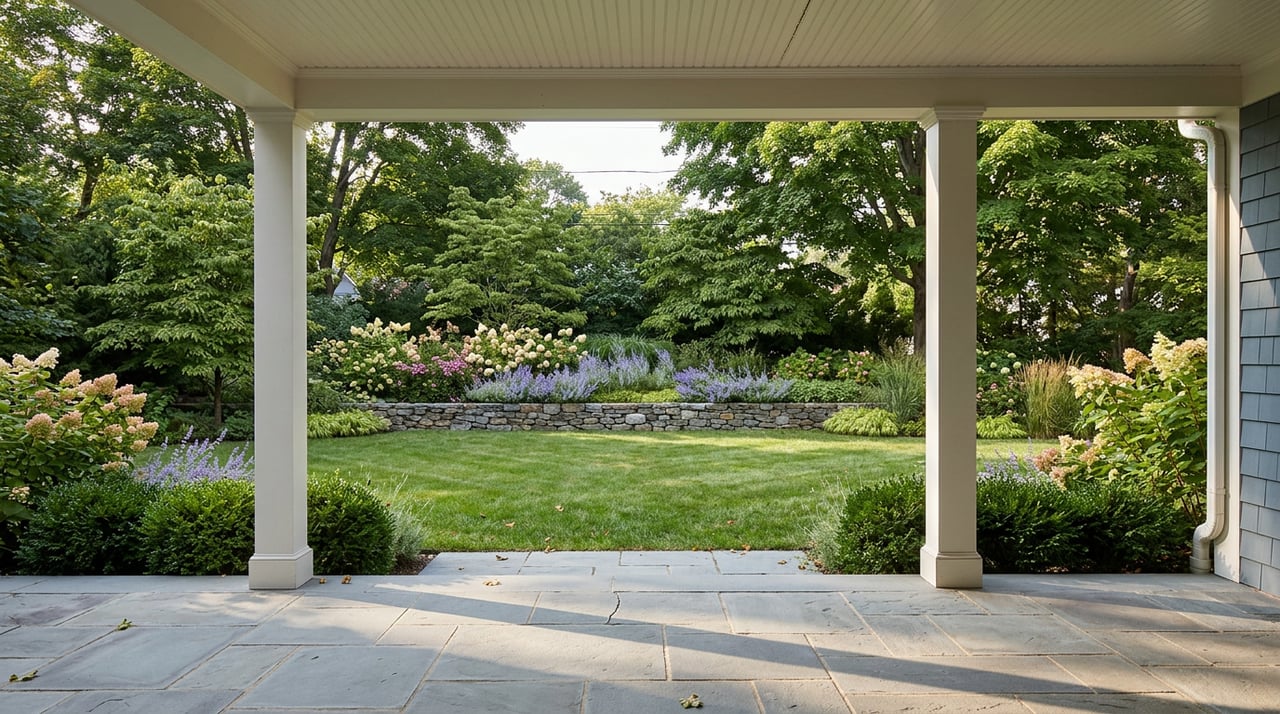 Bluestone terrace overlooking a lawn and stone wall, with blooming hydrangeas beneath mature trees.