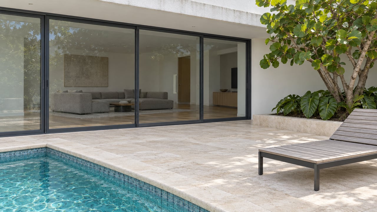 Modern white home's covered terrace with closed glass doors, pale limestone decking, a turquoise pool corner and sculptural sea-grape planting.