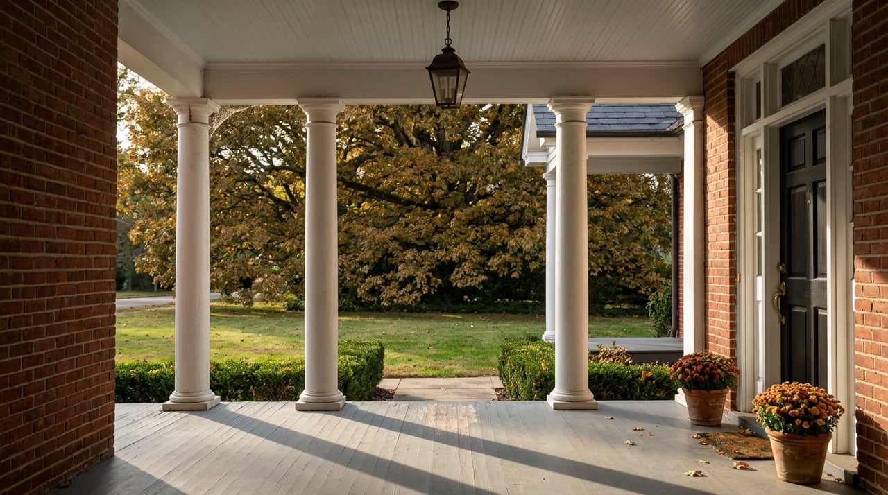 Brick home’s porch with white columns, terra cotta flowerpots, and amber leaves scattered across the gray floor.