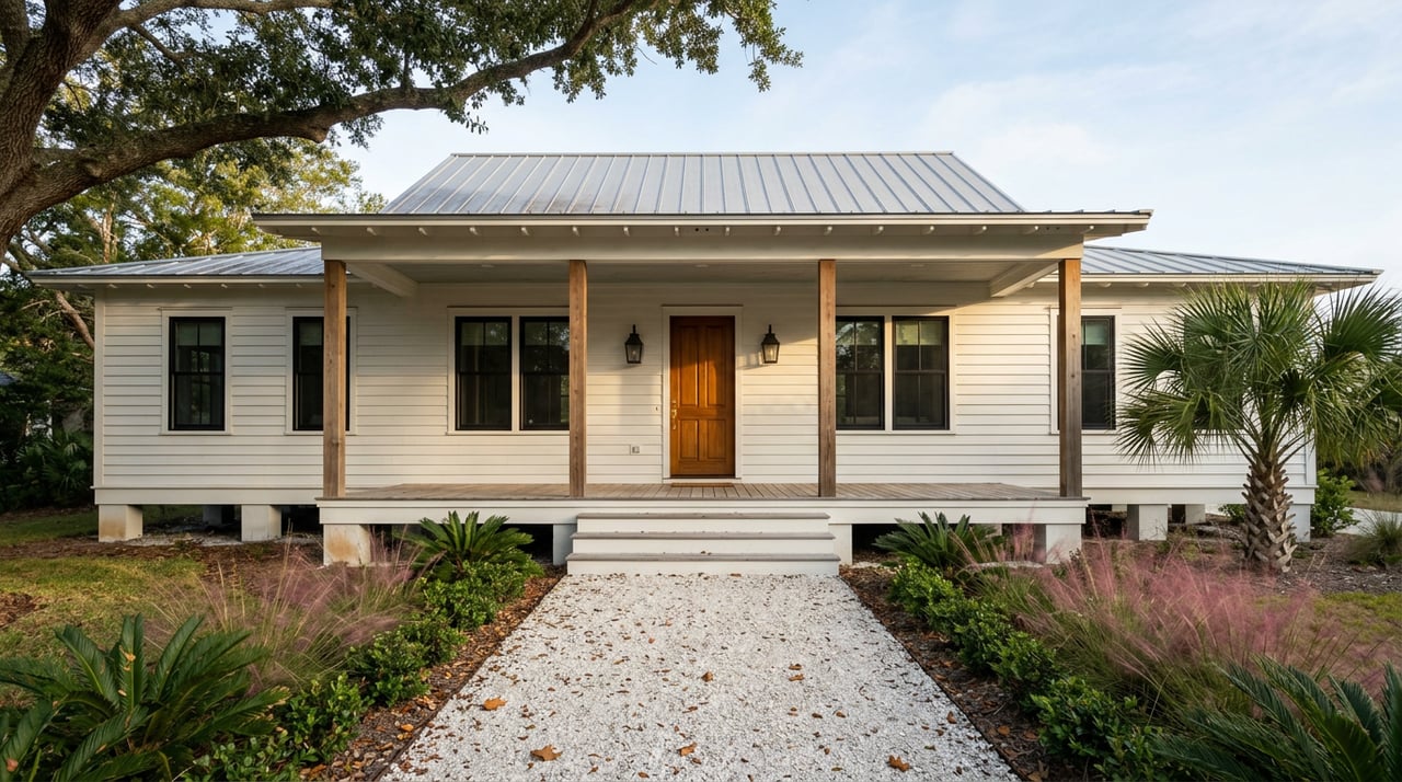 Raised white coastal cottage with black-framed windows, deep porch, and shell walkway beneath a live oak.