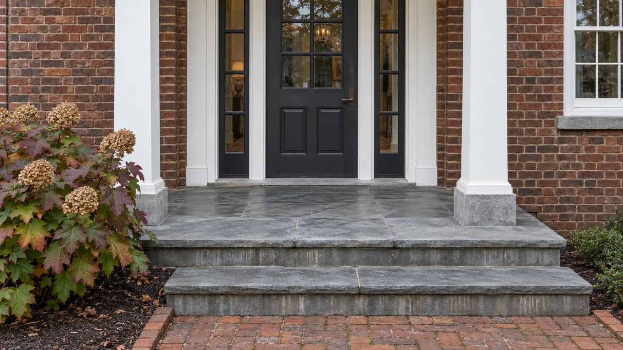 Brick residential entrance with a charcoal glazed door, matching sidelights, worn bluestone steps and autumn oakleaf hydrangea.