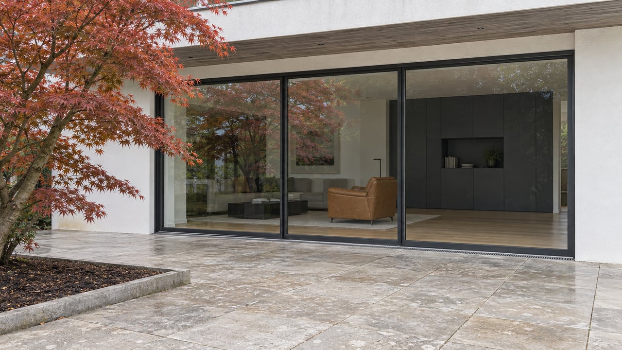 Modern home's limestone terrace beside a copper-leaved maple, with black-framed glass doors revealing oak floors and charcoal cabinetry.