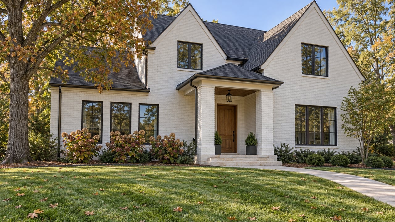 White painted-brick home with steep charcoal gables, black-framed windows and a covered oak entry beyond a broad autumn lawn.