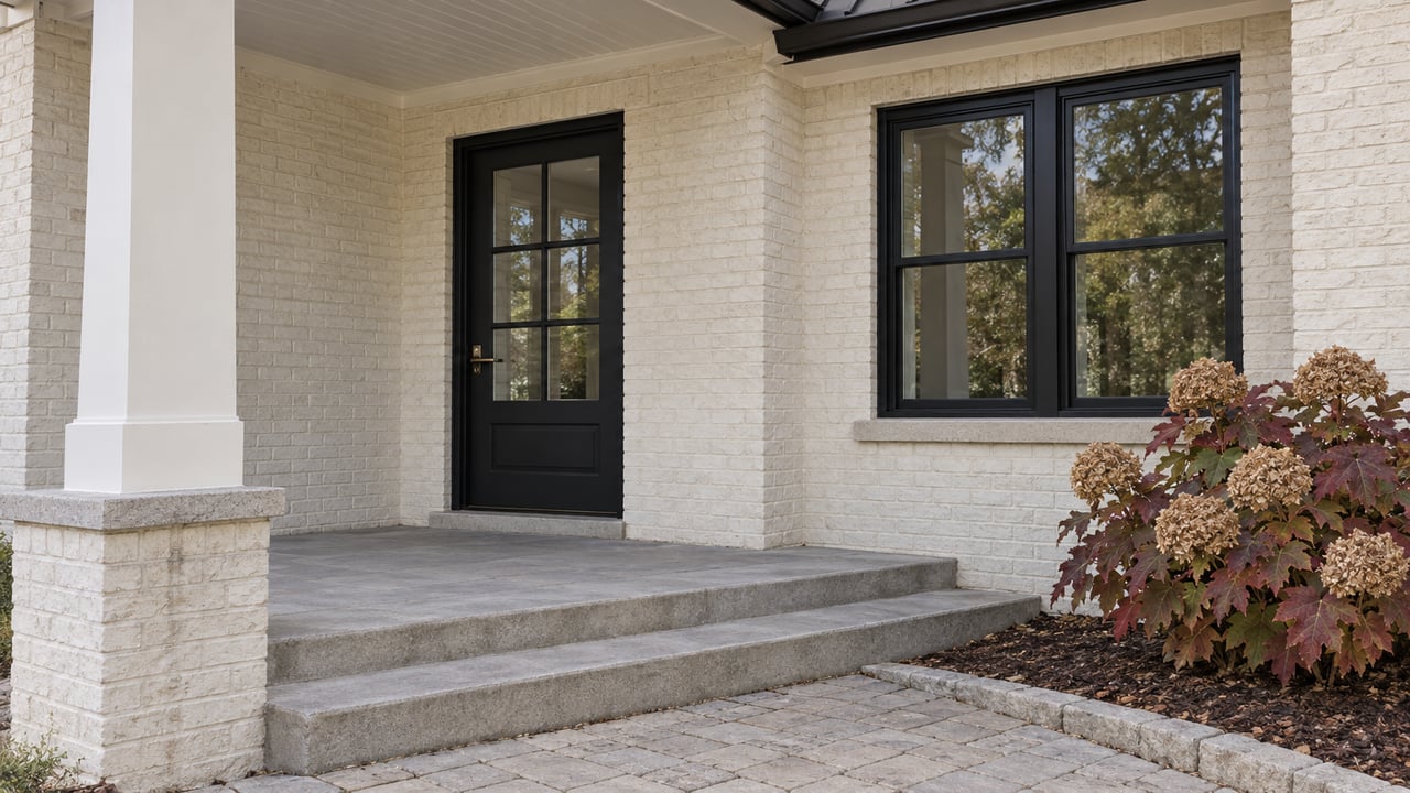 Pale brick covered entry with a black glazed front door, paired windows, gray steps and autumn oakleaf hydrangea.