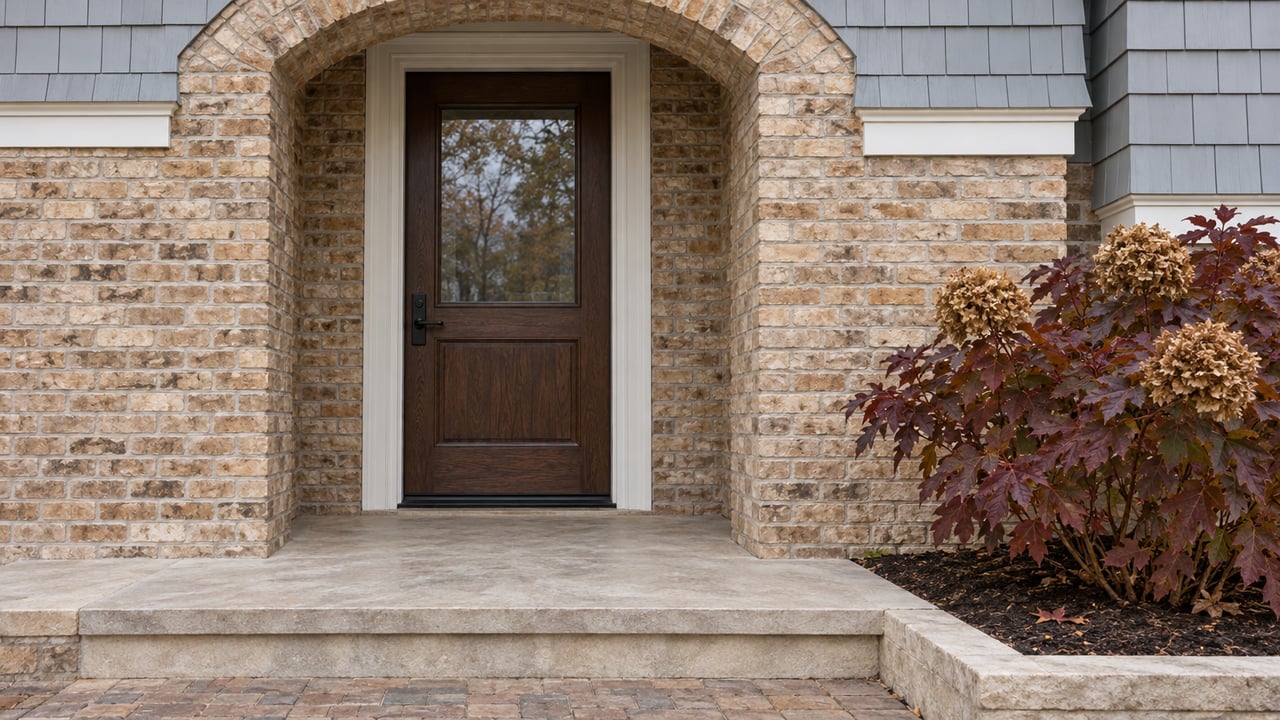Buff brick arched entrance with a dark oak door, limestone steps and burgundy oakleaf hydrangea beside gray-blue shingles.