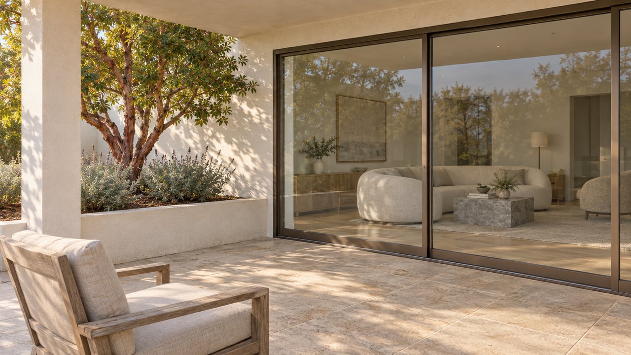Covered limestone terrace with a teak lounge chair, bronze-framed glass doors and a strawberry tree in a raised stucco planter.