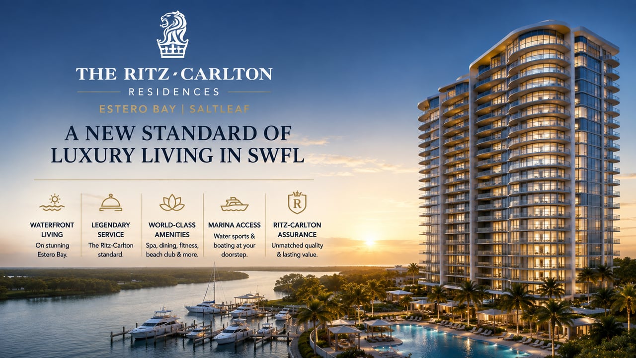 The Ritz-Carlton Residences at Estero Bay in Saltleaf, featuring luxury waterfront condominium towers, marina access, resort-style amenities, and scenic Estero Bay views in Southwest Florida.