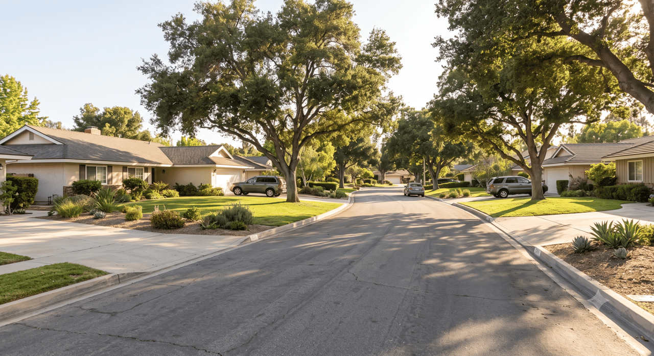 Residential street with single-story homes and mature trees in warm afternoon light.