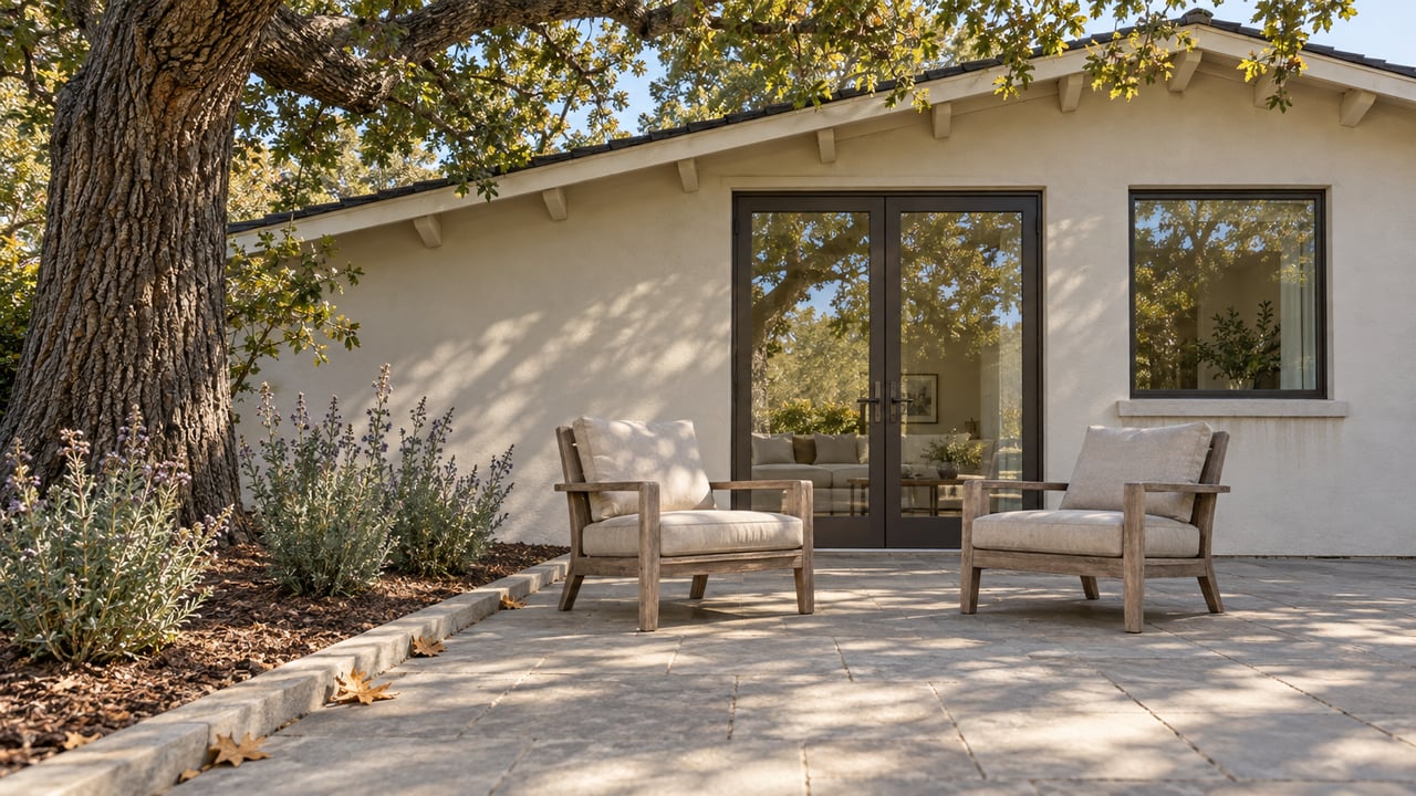 An oak shades a limestone terrace with two teak chairs beside a stucco home with bronze-framed glass doors.