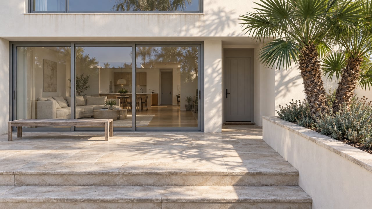 Elevated view across a limestone terrace toward a pale stucco home with large glass doors, a silvered teak bench and a sculptural fan palm in a raised planter.