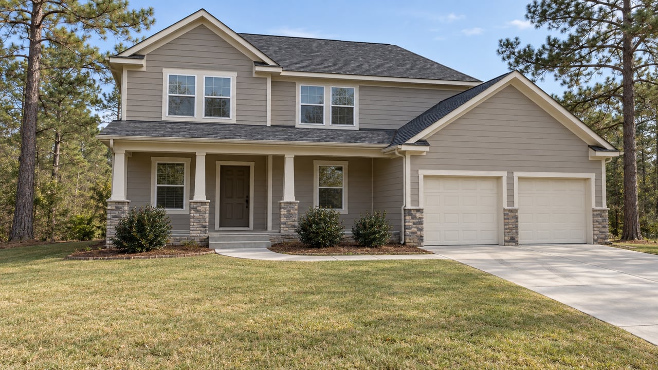 Taupe two-story home with gabled roof, covered stone-base porch, attached garage and a deep autumn lawn framed by two longleaf pines.