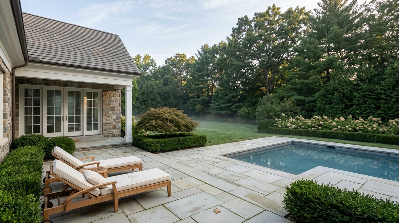 Fieldstone home overlooking a stone terrace and rectangular pool, with teak loungers and a Japanese maple.