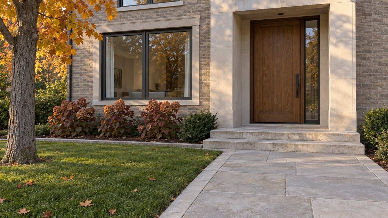 Autumn sunlight on a grey-brick home with a limestone approach, oak front door and amber maple leaves.