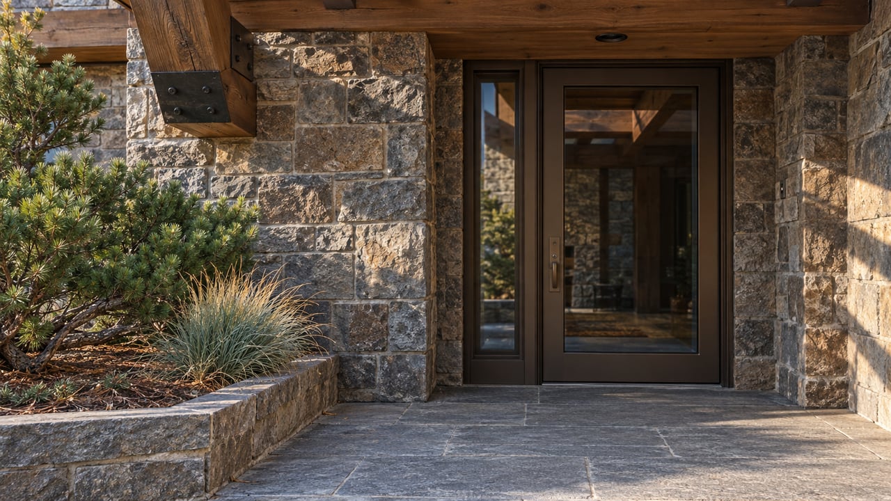 Timber-covered residential entrance with bronze-framed glazing, weathered stone and a compact pine beside a broad stone landing.