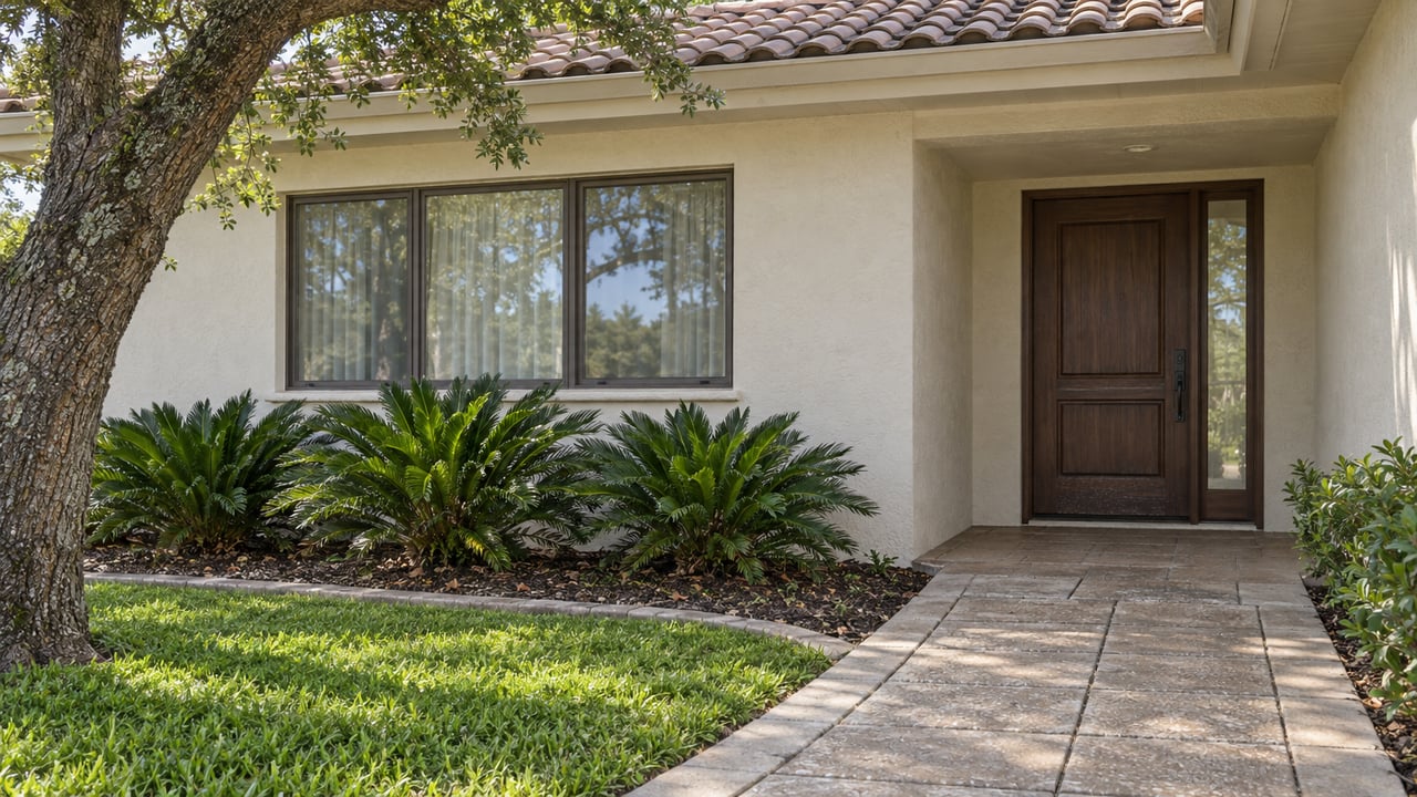 Pale stucco home with a sheltered wood entry, clay tile roof, oak canopy and curved paver approach.