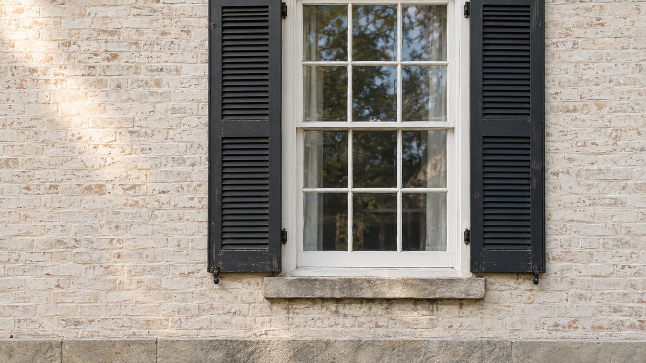Six-over-six sash window with dark louvered shutters in warm-white brick, above a limestone sill and water table.