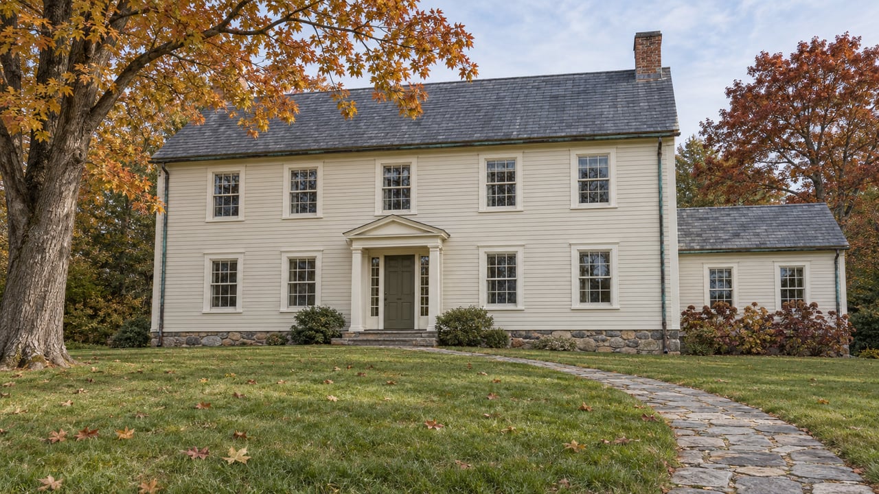 Ivory clapboard house with slate roof, fieldstone foundation and a broad autumn lawn beneath mature deciduous trees.