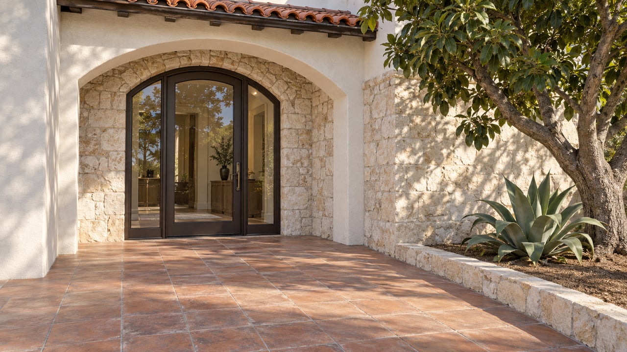 Morning light across a stucco arched entrance, limestone walls and terracotta paving beside an avocado tree and foxtail agave.