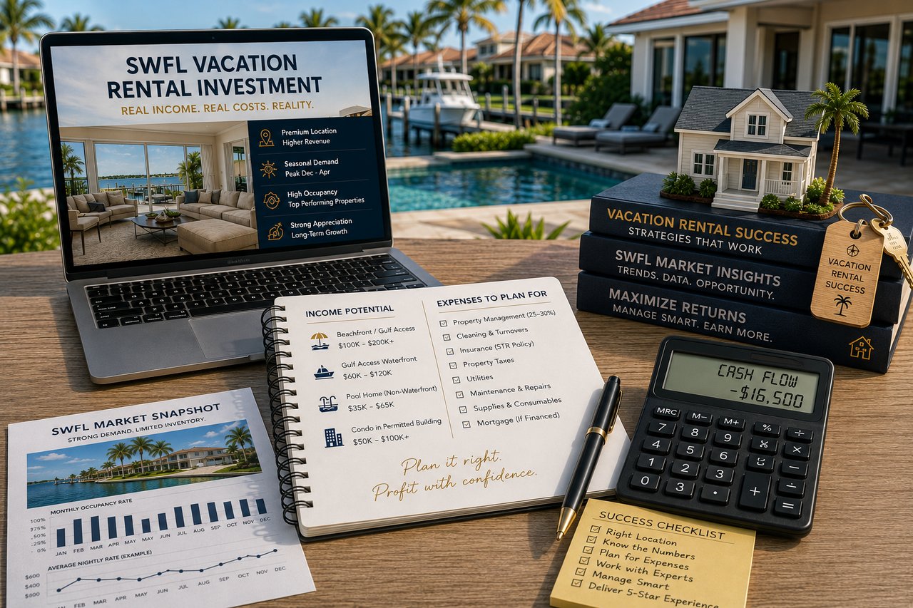 Luxury Southwest Florida waterfront vacation rental investment workspace featuring a laptop, calculator, financial planning notebook, and model home overlooking a canal-front pool home, representing short-term rental income, expenses, and real estate investing in Cape Coral, Fort Myers, and Naples, Florida.