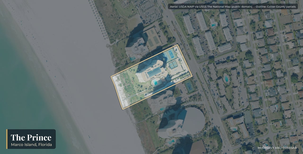 Aerial view of The Prince on Marco Island, Florida, the 1981 beachfront tower at 176 South Collier Boulevard near the north end of the beach