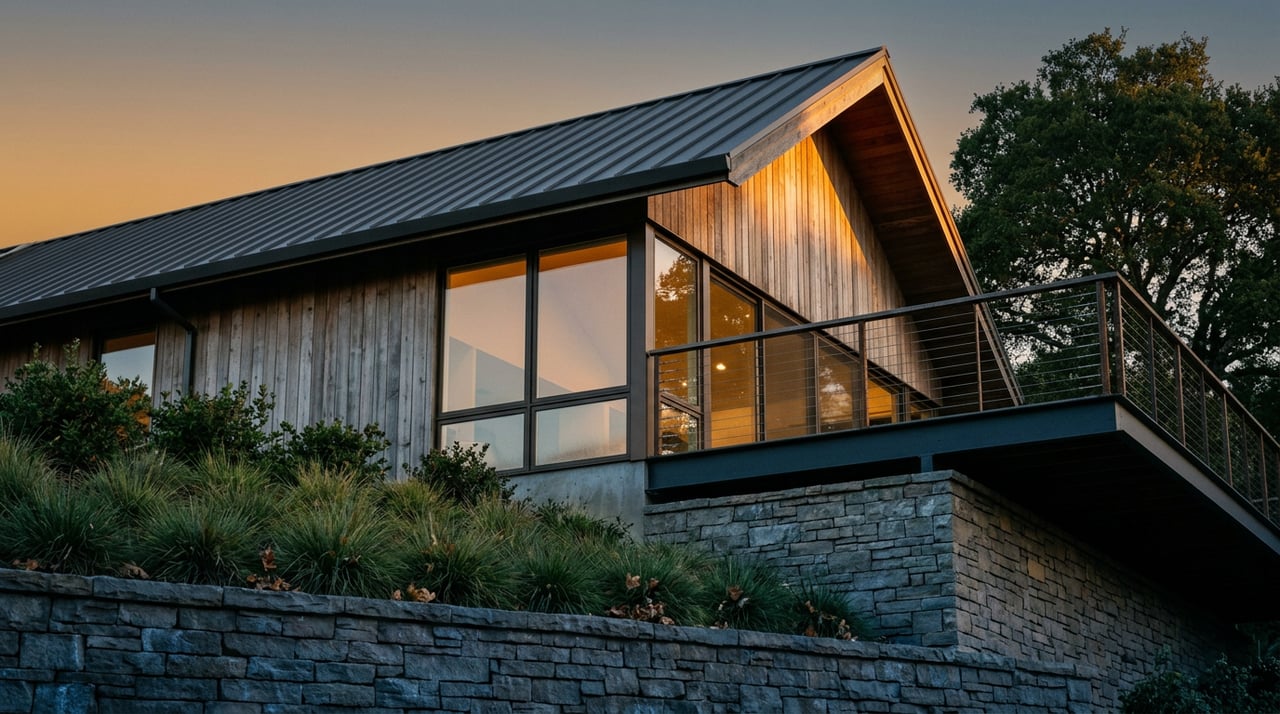 Cantilevered hillside home with cedar siding, glass walls, stone retaining wall, and warm interior lights at dusk.