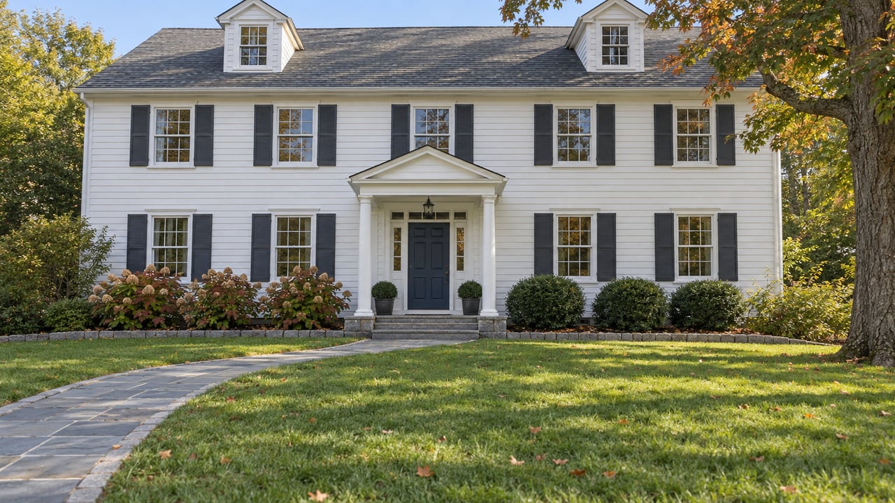 White clapboard house with dark shutters, a slate front walk, deep lawn, and a mature oak beginning to show autumn color.