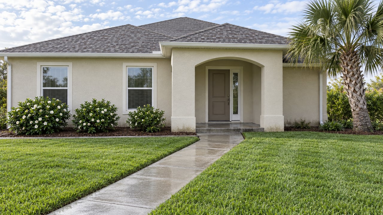 Cream stucco single-story home with a recessed arched entry, broad green front lawn and one curved-trunk palm in soft post-rain daylight.