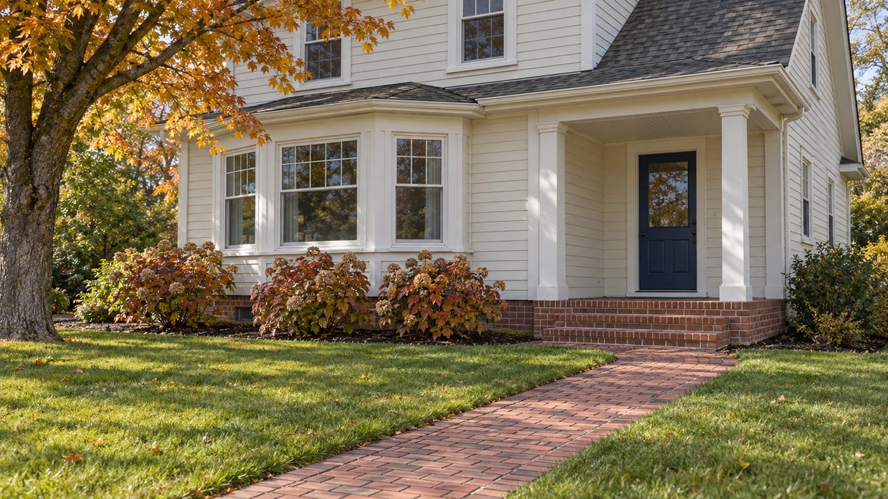 Ivory clapboard family home with a brick walk, covered blue-door entry and an autumn sugar maple across a deep front lawn.