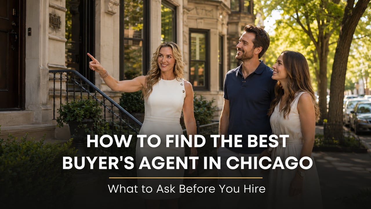 Chicago real estate agent showing a home to buyers on a tree-lined North Side Chicago street IMAGE FILE NAME: best-buyers-agent-chicago-north-side-specialist.jpg