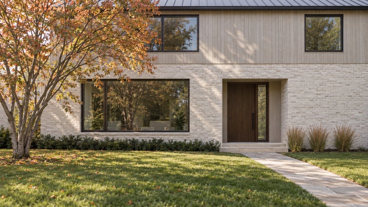 Detached two-story home with off-white brick, pale wood cladding, a lawn, and a rust-orange serviceberry tree.