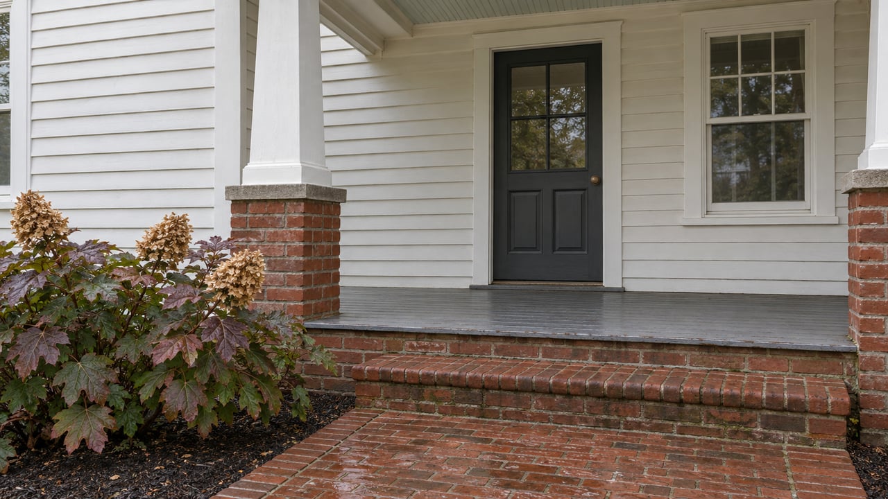 Close view of a clapboard home's covered entry, with a charcoal door, painted porch column, weathered brick steps and oakleaf hydrangea.