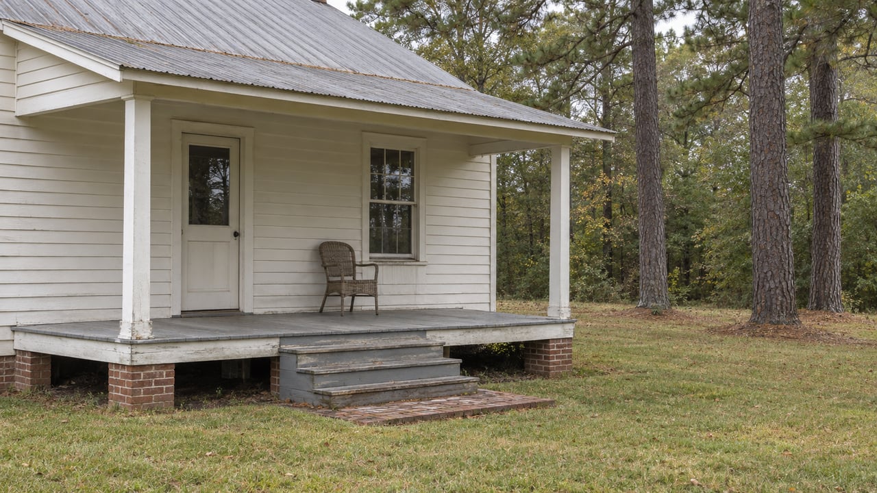 Weathered clapboard house with a raised wood porch, brick landing and mown lawn beside mature pine trees.